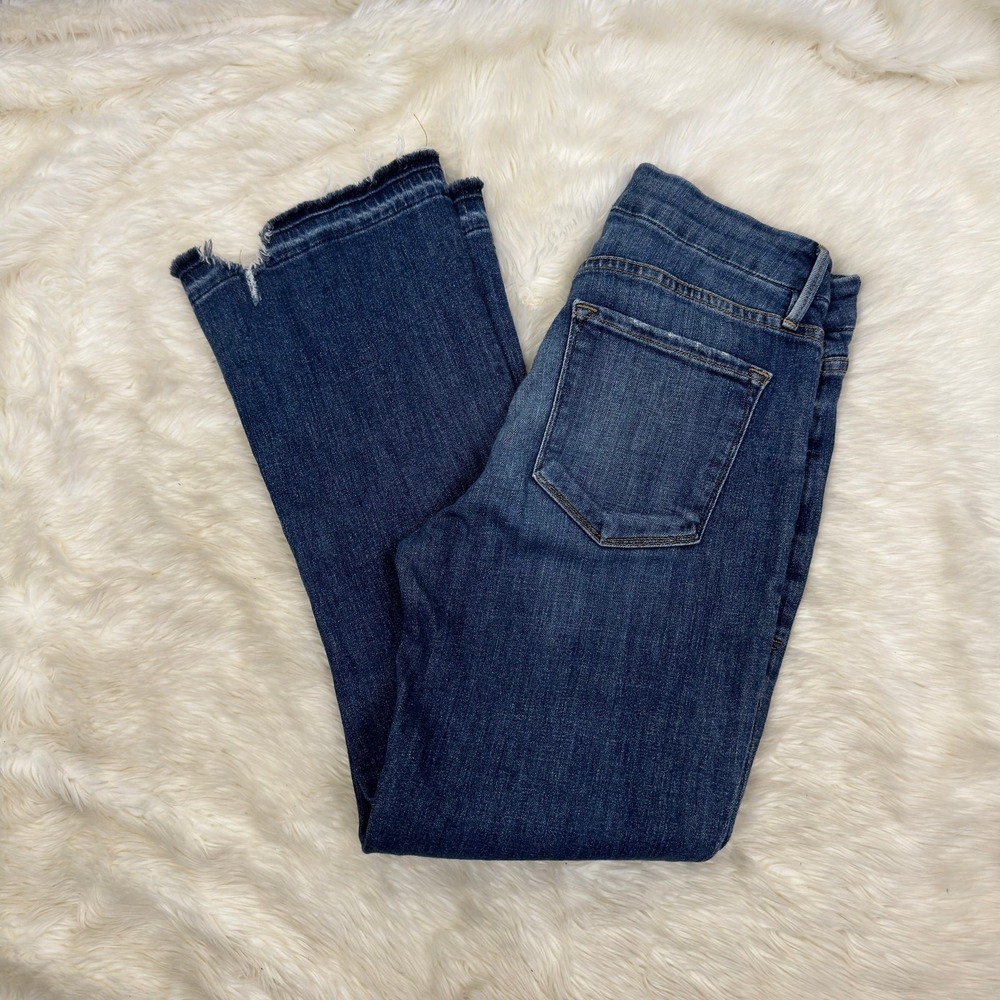 FRAME Denim Le Crop Mini Boot Roberts Jeans Dark Wash Distressed Raw Hem 26 - Picture 7 of 10